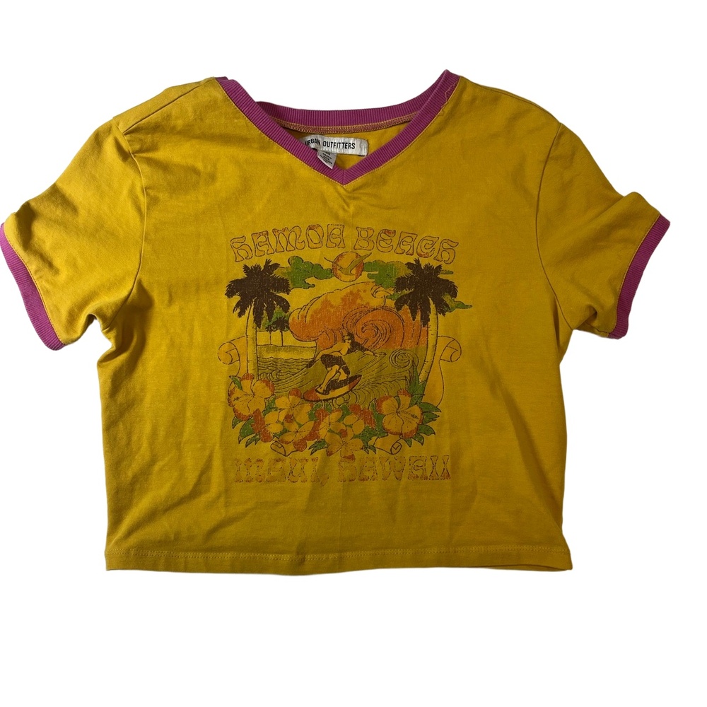 Urban Outfitters‎ Vintage Yellow Graphic Print Cropped Hawaii Short Sleeve VNeck